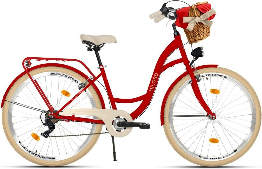 Milord damesfiets 28 inch stadsfiets met 7 versnellingen en rieten mand rood frame