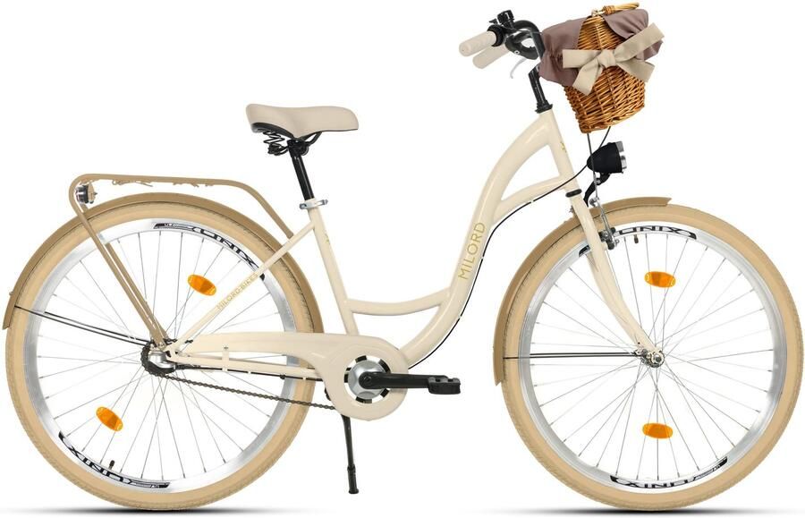 Milord damesfiets stadsfiets 26 inch 3 versnellingen crèmekleurig frame rieten mand