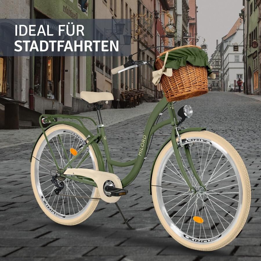 Milord damesfiets khaki stadsfiets 28 inch met 7 versnellingen en rieten mand - Foto 1