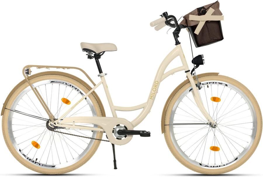 Milord damesfiets 26 inch stadsfiets met metalen mand 1 versnelling crème frame