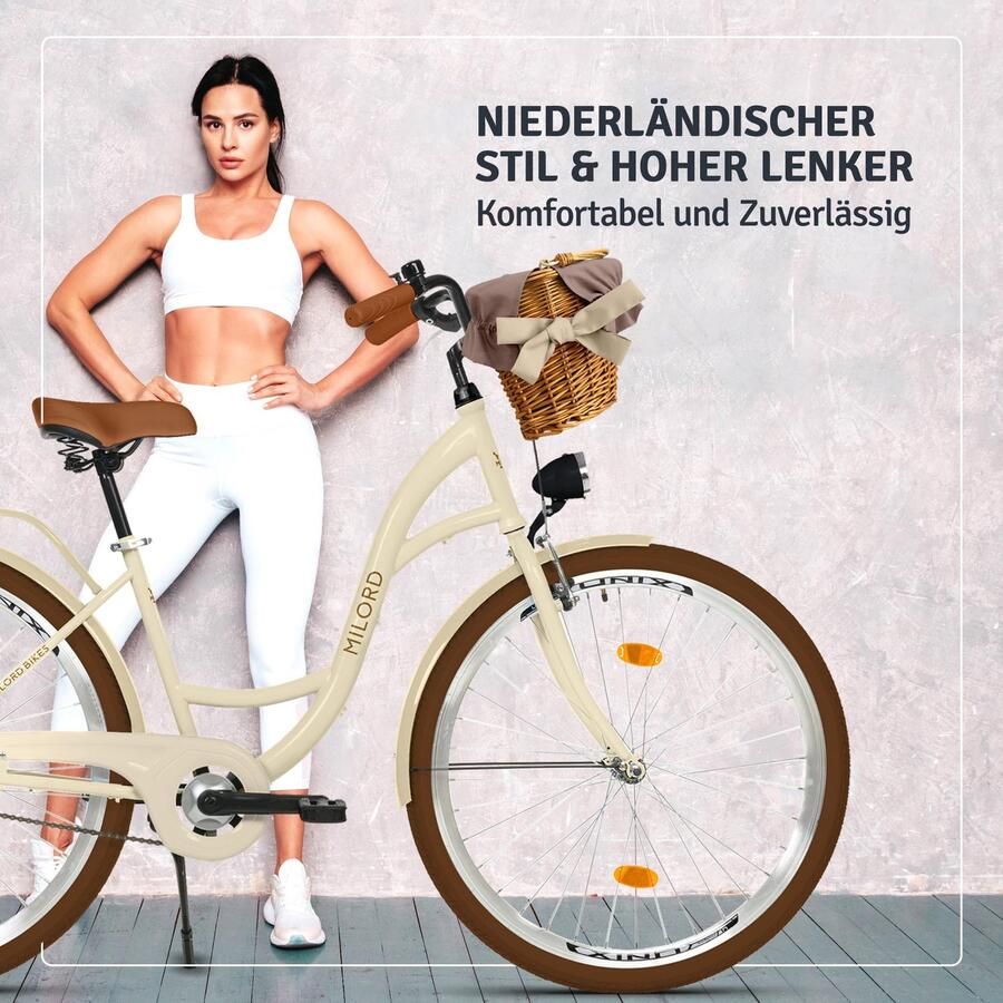 Milord damesfiets met rieten mand 28 inch 1 versnelling crèmekleurig frame