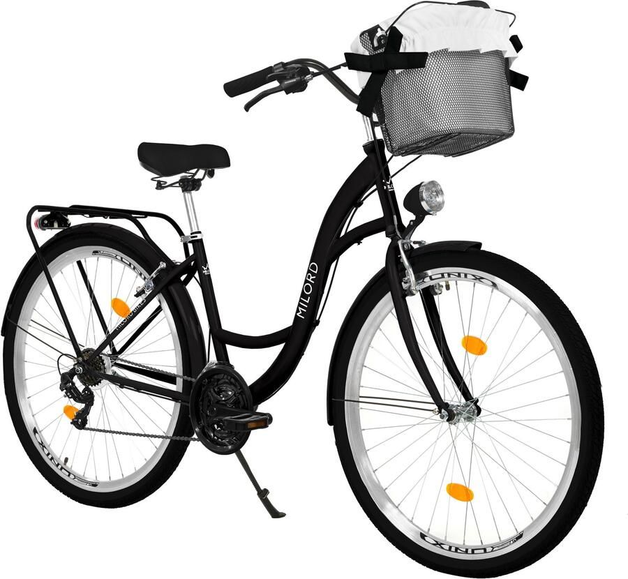 Milord damesfiets stadsfiets 26 inch 21 versnellingen zwart frame rieten mand
