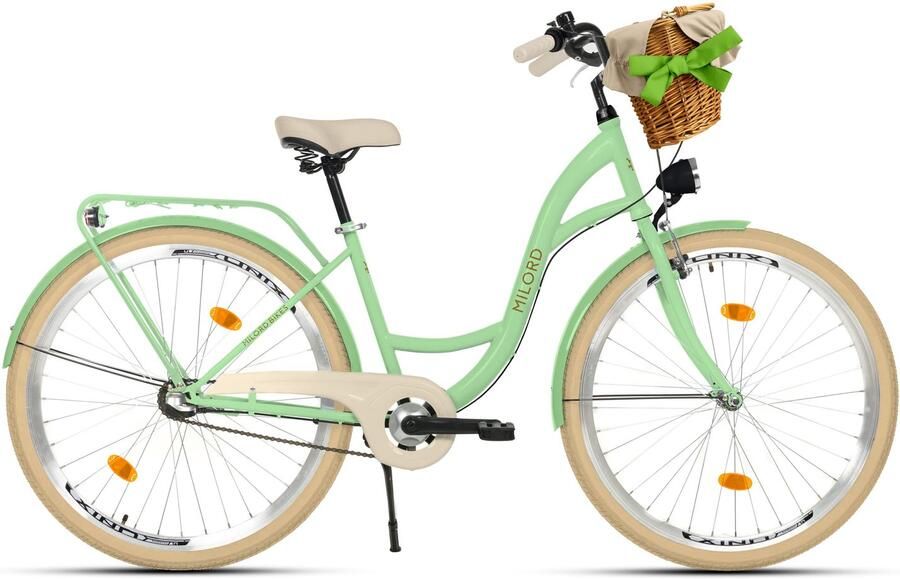 Milord damesfiets met rieten mand 28 inch 3 versnellingen mintgroen frame