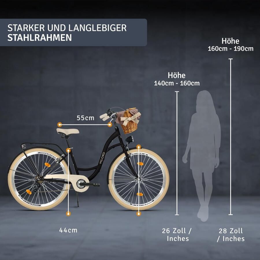 Milord damesfiets 28 inch 7 versnellingen zwart frame rieten mand