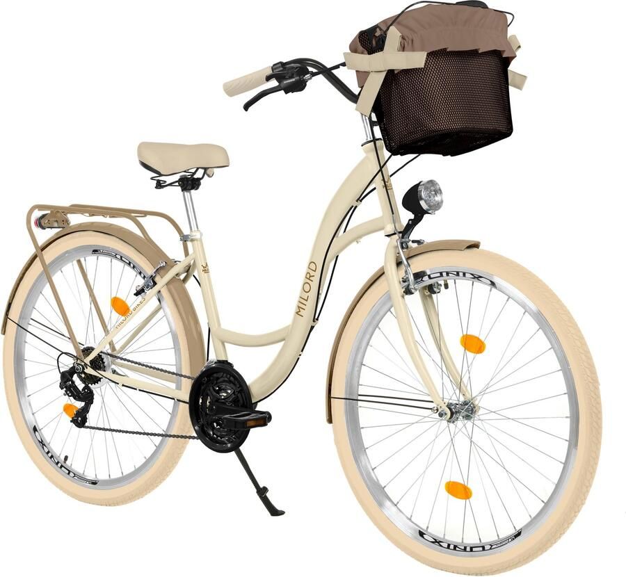 Milord damesfiets retro stadsfiets 26 inch 21 versnellingen crème frame en rieten mand
