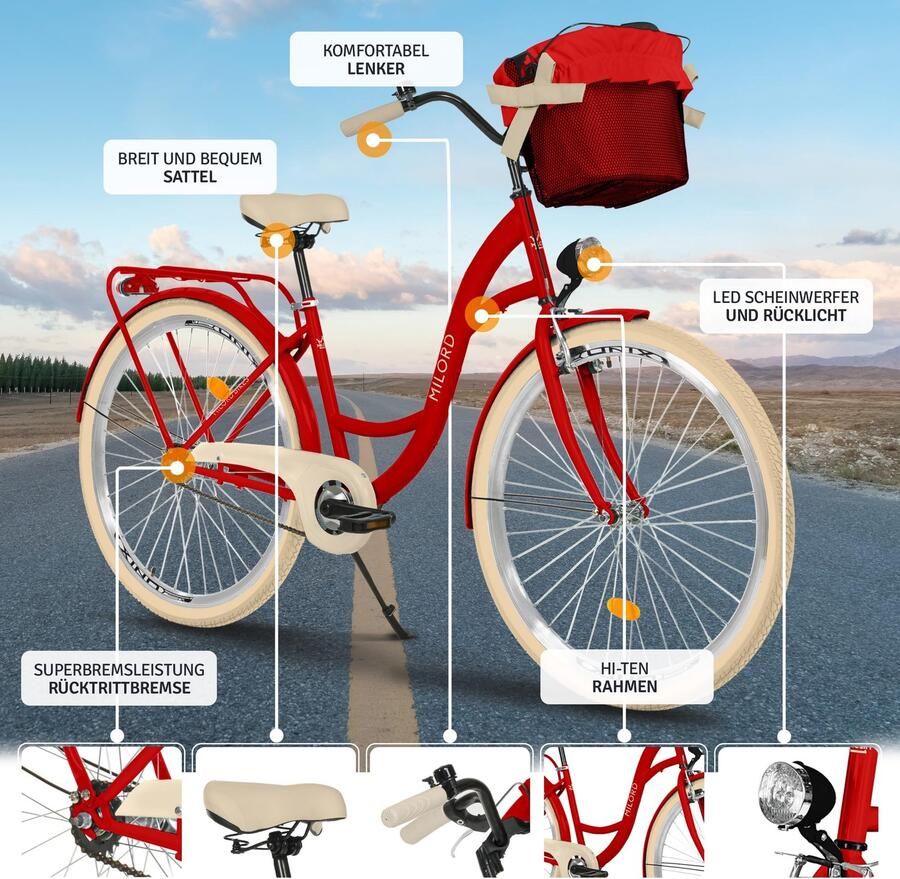 Milord damesfiets retro stadsfiets 26 inch met rood frame en metalen mand 1 versnelling