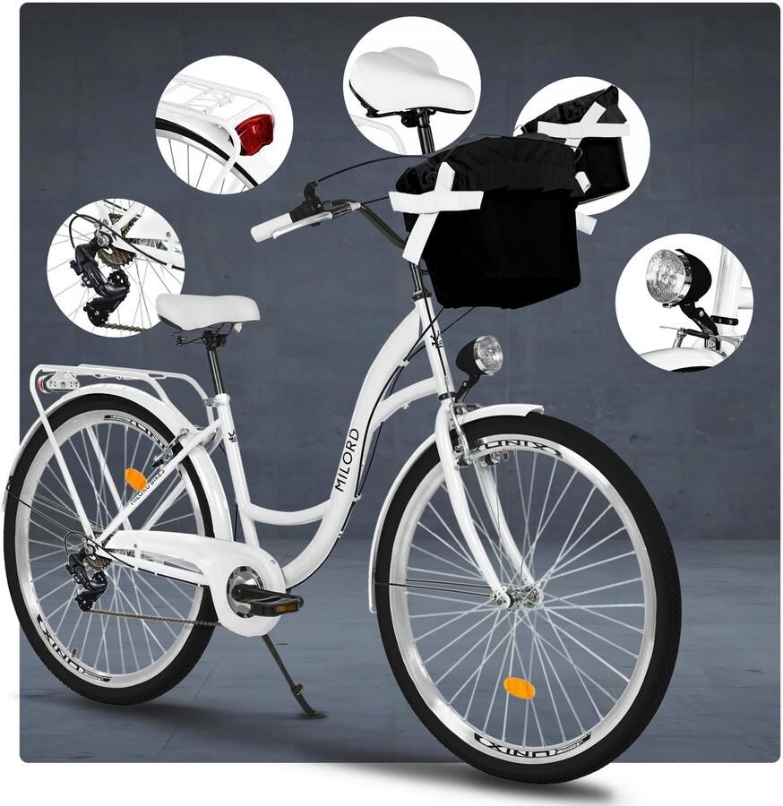 Milord damesfiets retro stadsfiets met metalen mand 28 inch 7 versnellingen wit frame
