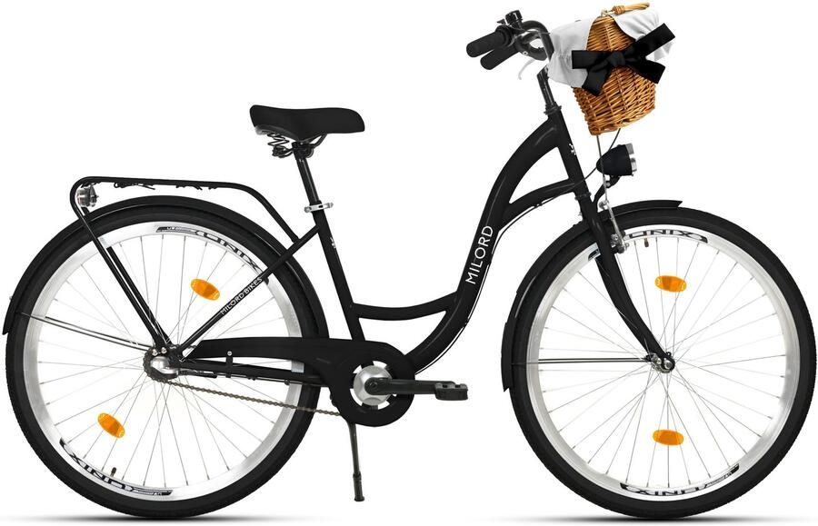 Milord damesfiets stadsfiets 26 inch 3 versnellingen met rieten mand zwart frame