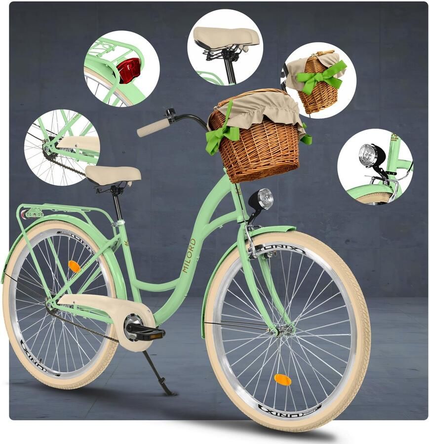 Milord damesfiets stadsfiets 26 inch met 1 versnelling mintgroen frame en rieten mand