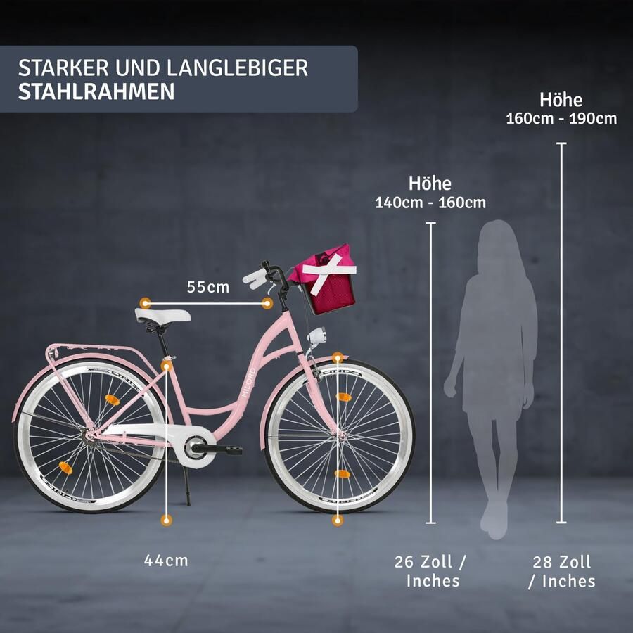 Milord damesfiets stadsfiets 26 inch met 1 versnelling roze frame en metalen mand
