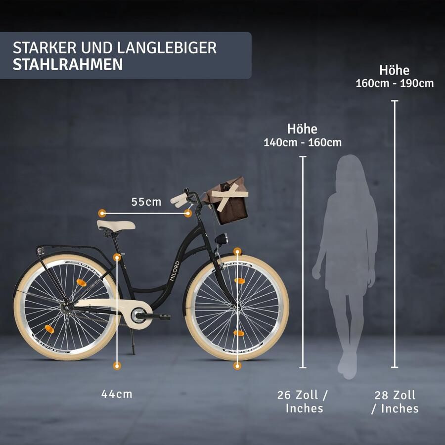 Milord damesfiets stadsfiets 28 inch 1 versnelling zwart met mand