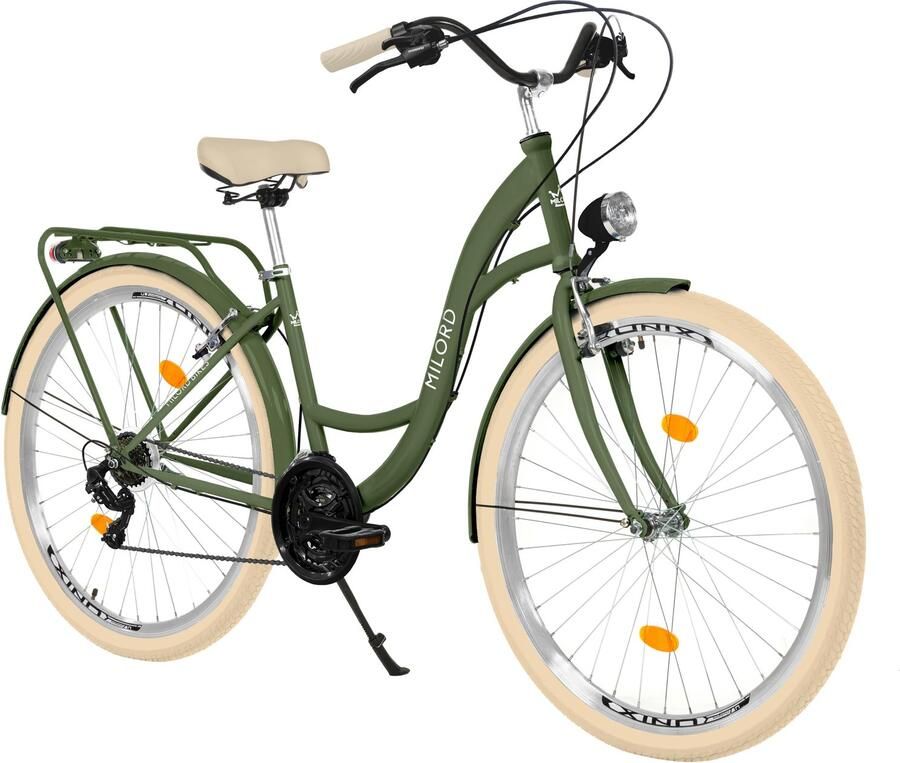 Milord damesfiets stadsfiets 28 inch 21 versnellingen khaki met metalen mand