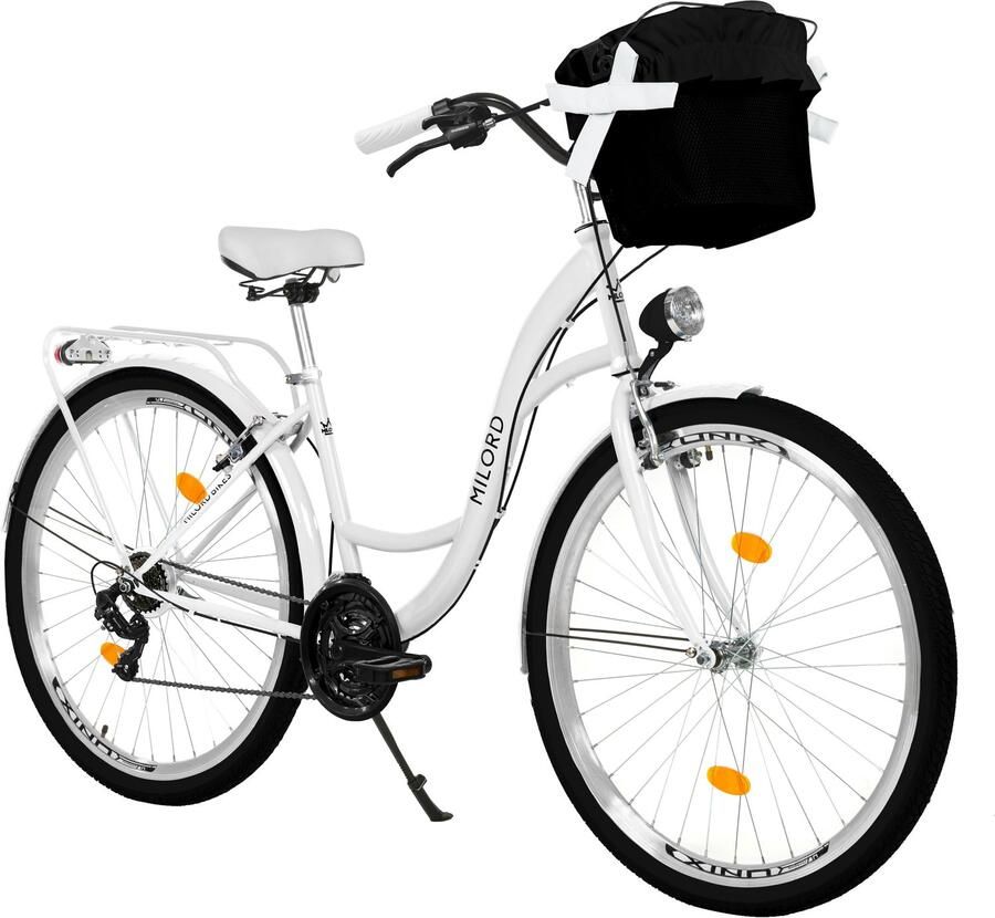 Milord damesfiets stadsfiets 28 inch 21 versnellingen wit frame rieten mand