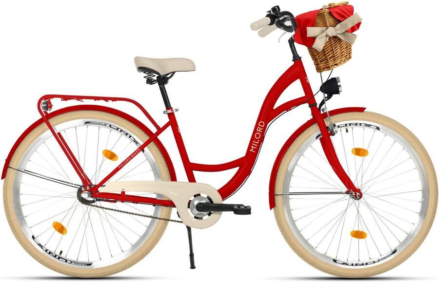 Milord damesfiets met rieten mand 26 inch 3 versnellingen rood frame