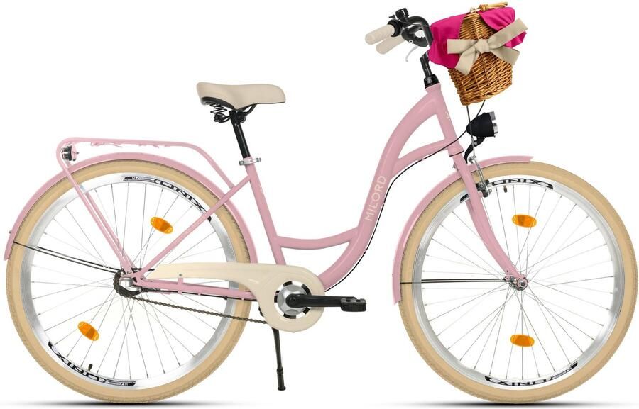 Milord damesfiets 26 inch 3 versnellingen roze frame rieten mand