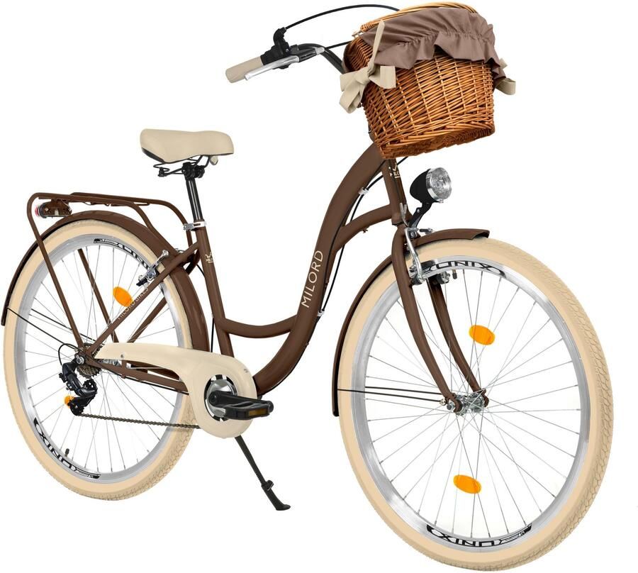 Milord damesfiets 28 inch crèmekleurig frame 1 versnelling rieten mand