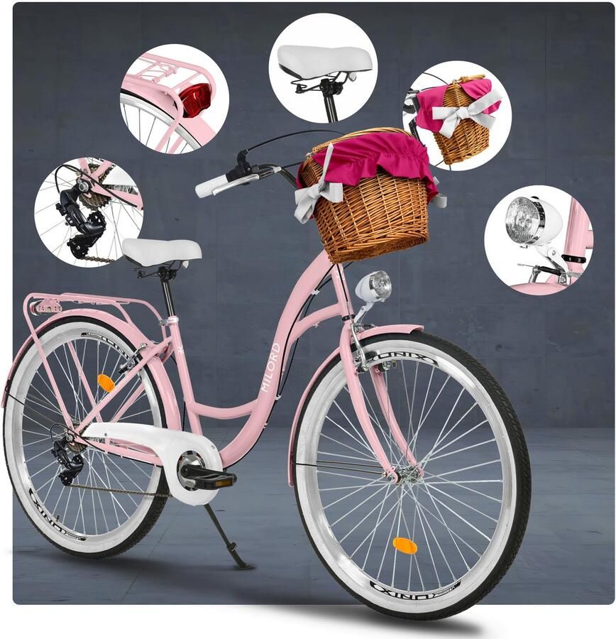 Milord damesfiets stadsfiets 28 inch 7 versnellingen roze frame met rieten mand