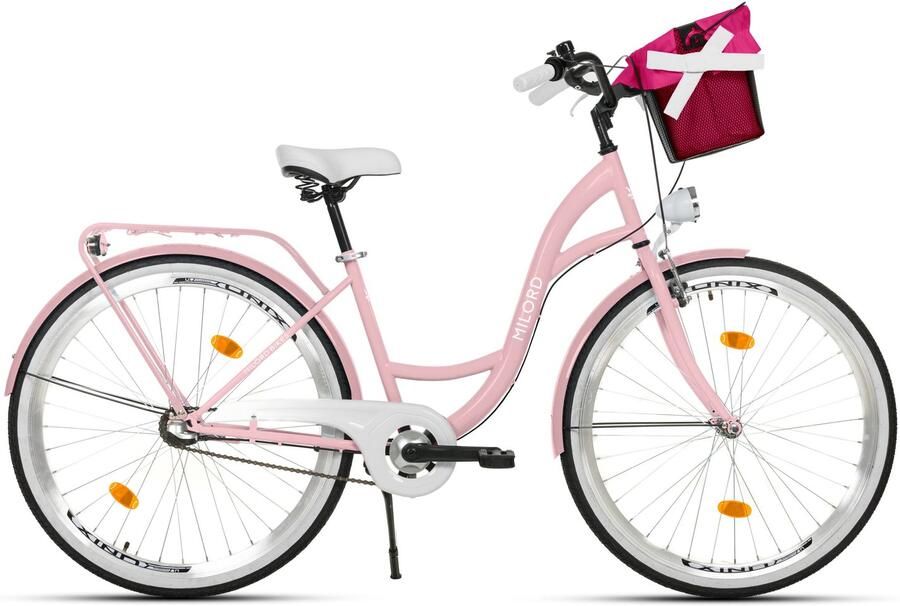 Milord damesfiets met mand stadsfiets 26 inch 3 versnellingen roze frame