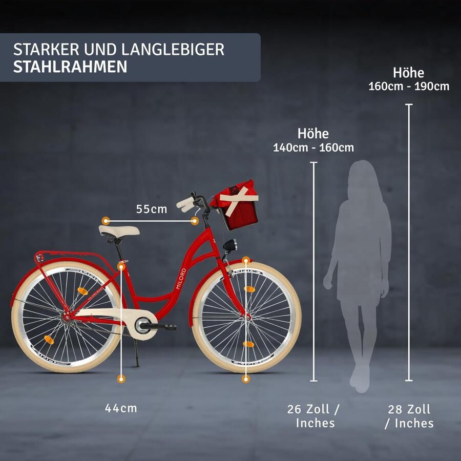 Milord damesfiets stadsfiets 28 inch met metalen mand 1 versnelling rood frame