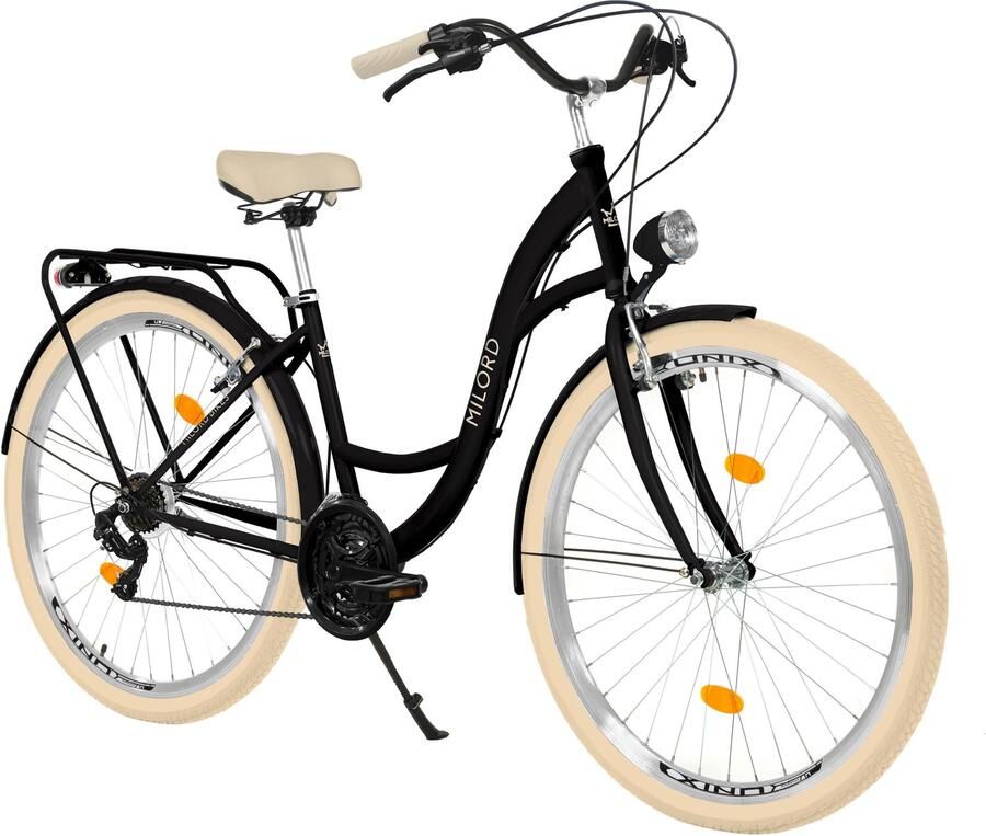 Milord damesfiets stadsfiets met metalen mand 28 inch 21 versnellingen zwart frame