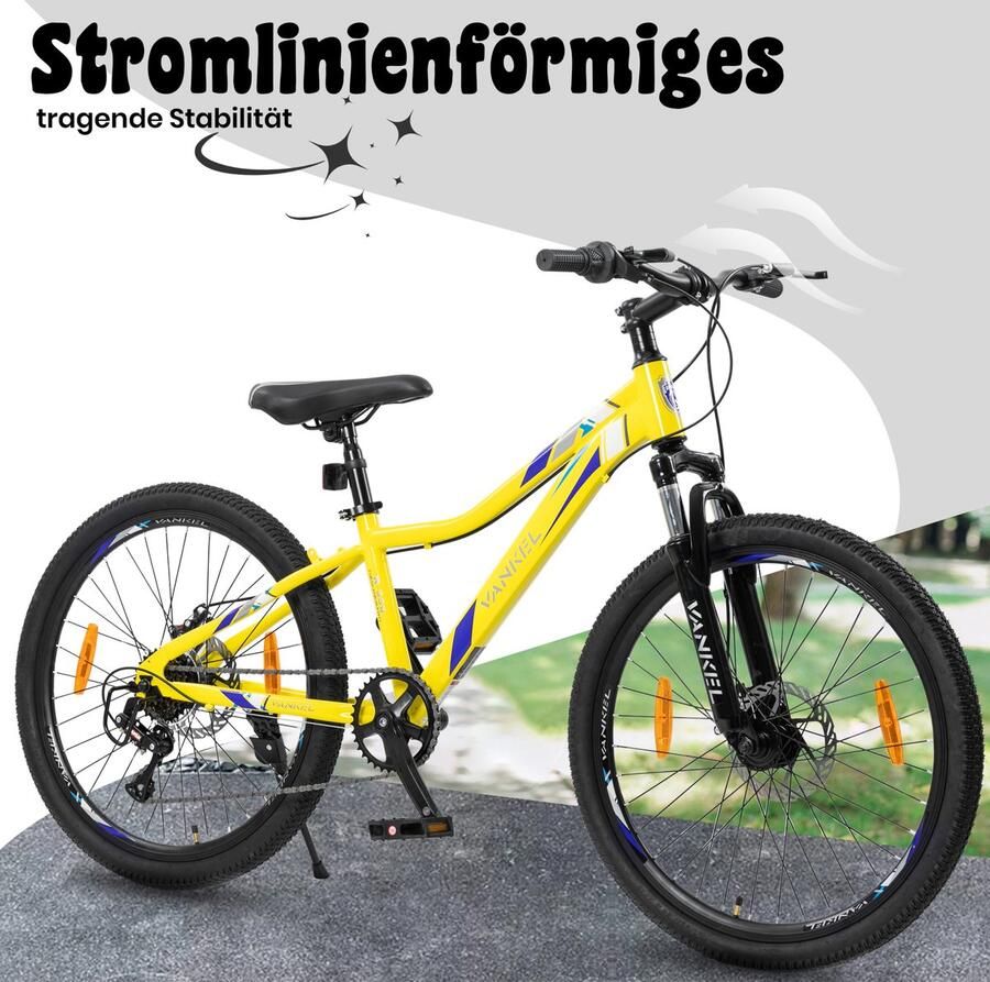 MIVRAY Kinderfiets – 24 Inch Mountainbike Met 6 Versnellingen – Staal – Geel – Met Voorvorkvering En Schijfrem Voor Kinderen