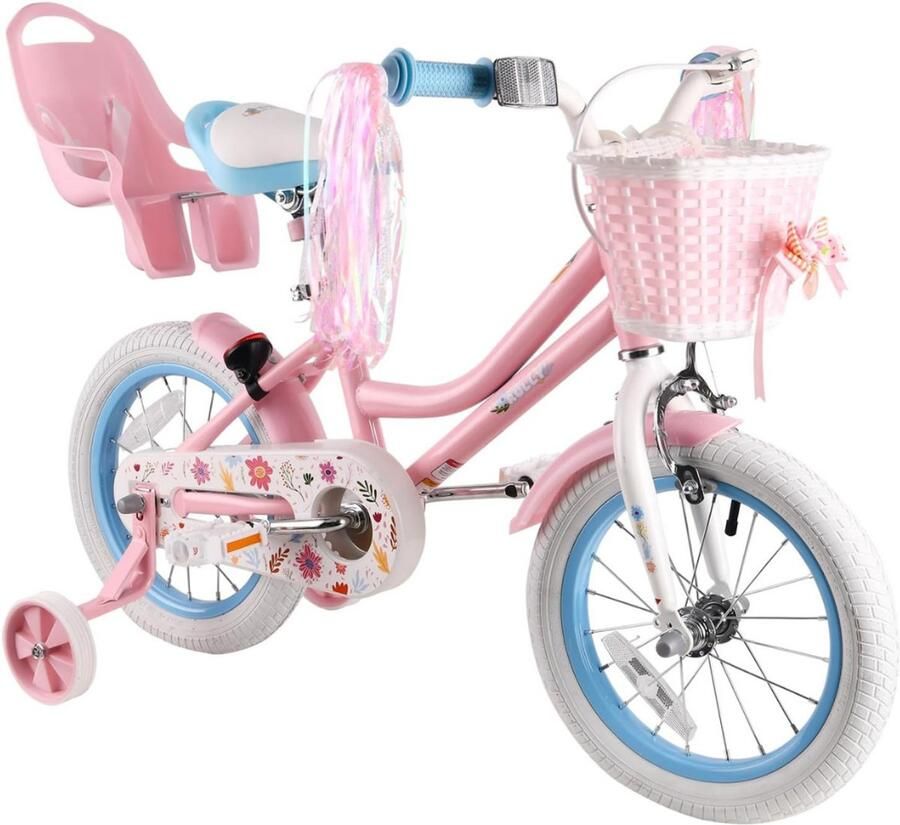 MMM Kinderfiets 18 Inch Kinderfiets 16 Inch Fiets met Poppenstoel Steunwielen en Mand Roze 102 cm x 58 cm x 17 cm