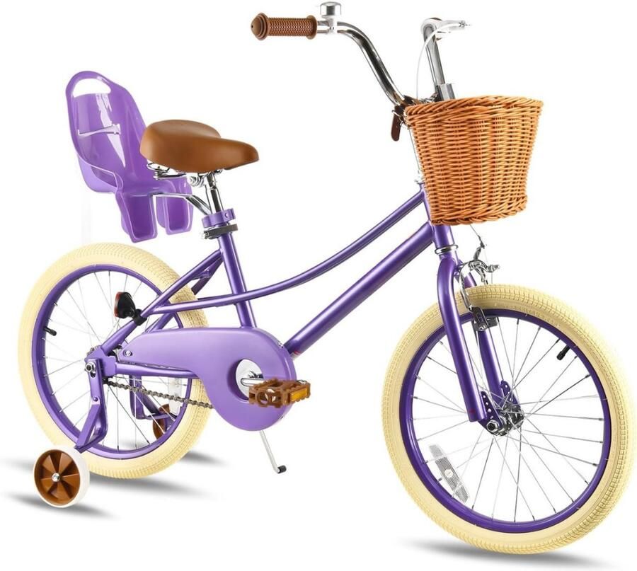 MMM Kinderfiets 18 Inch Kinderfiets 16 Inch Fiets voor Meisjes van 2 tot 7 jaar met Poppenzitje Steunwielen en Mandje Paars ‎108 cm x 55 cm x 19 cm