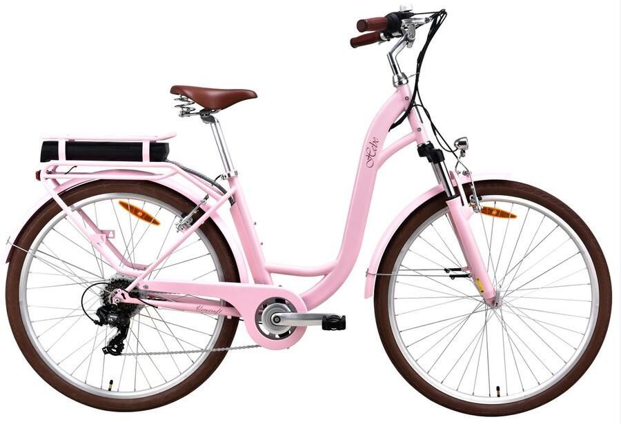 Mooierwonen.nu Elektrische fiets dames meisjes roze 28 inch 46cm frame 7 versnellingen 360 Wh accu
