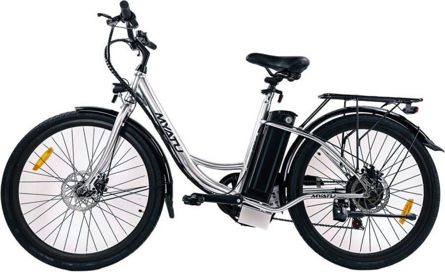 Myatu e-bike 26 inch city pedelec voor en elektrische fiets met 12 5Ah accu 6 versnellingen Shi o derailleur versnellingen achter motor 250 W-Zilver