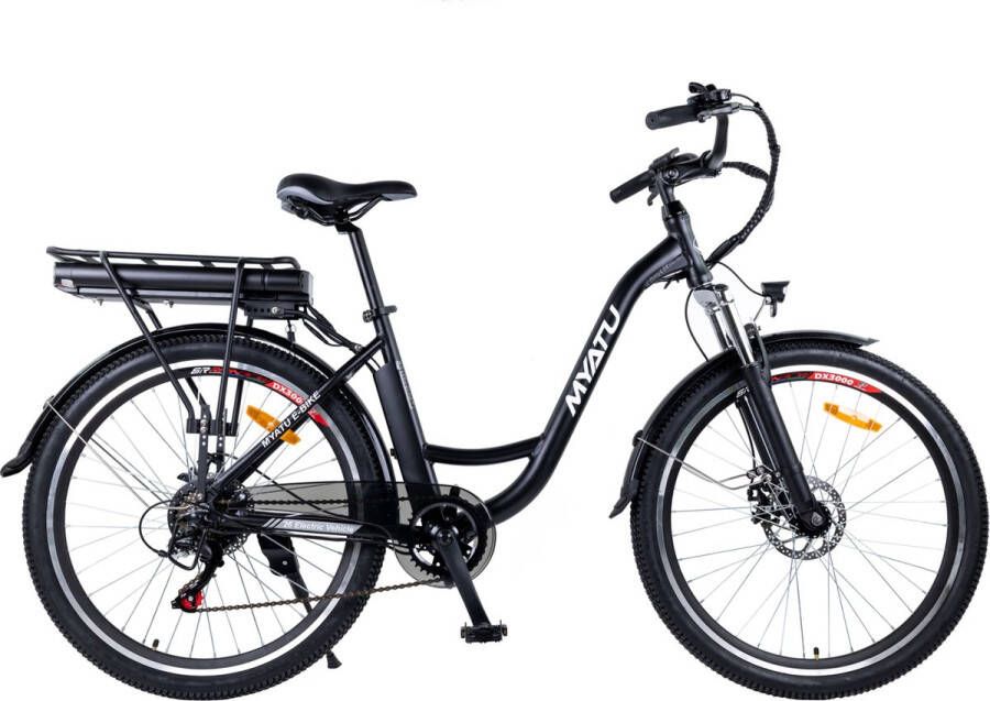 Myatu E-Bike voor heren en dames Lage Instap met 45 cm Aluminium Frame 6 versnellingen 250 Wh Afneembare Lithium Batterij 40-80 km Range Trekking Ebike met 1.95 x 26 Inch Wiel (Zwart Urban)