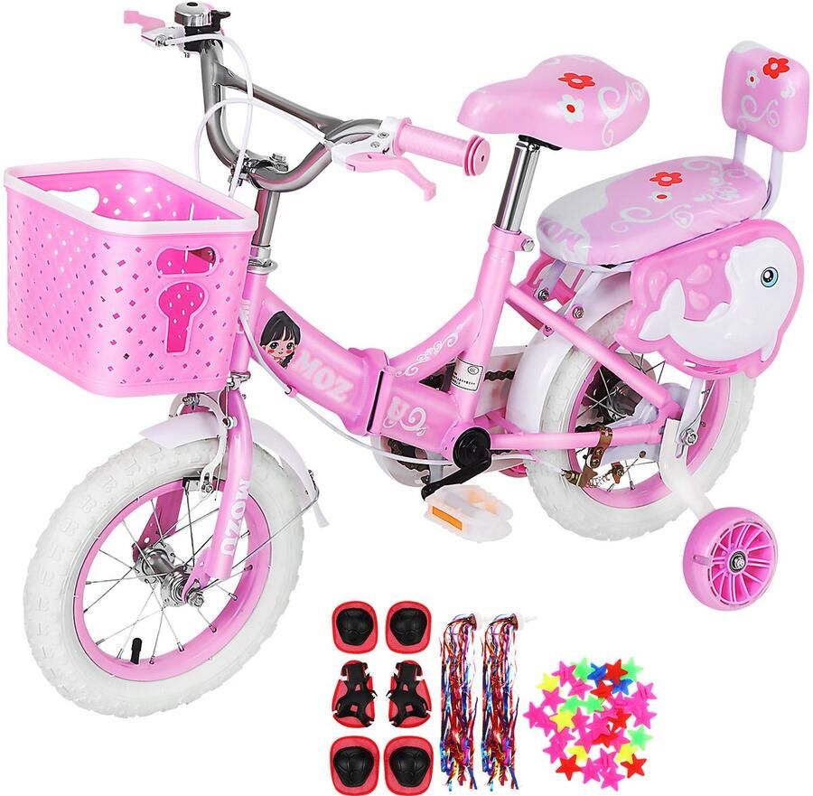 Nee Meisjesfiets met Zijwieltjes – 16 Inch Kinderfiets voor Meisjes van 2-12 Jaar (100-120 cm) – Inclusief Mandje & Poppenstoeltje – Opvouwbaar & Verstelbaar – Roze