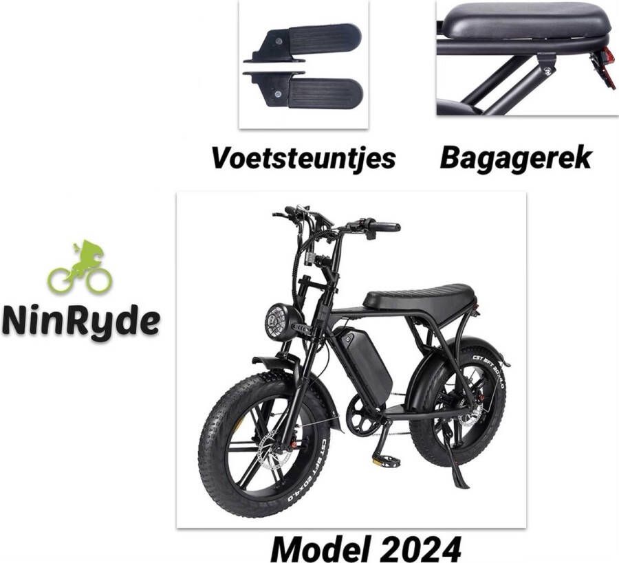 Ninryde V8 PRO Hydraulische rem model Fatbike Elektrische Fiets E Bike 250W 15Ah Zwart Incl. Alarmslot Bagagerek