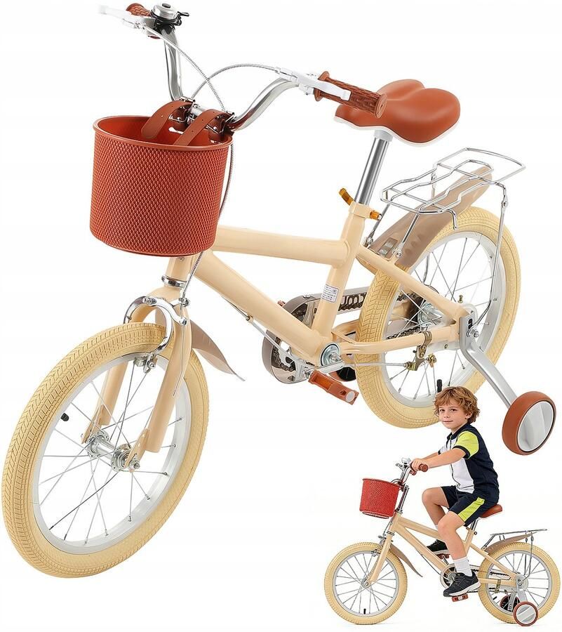 No 16 Inch Vintage Kinderfiets Beige – Met Zijwieltjes dje Dubbele Rem – Verstelbaar Zadel (58-68 cm) – Stevig Stalen Frame – Geschikt voor 5-9 Jaar &