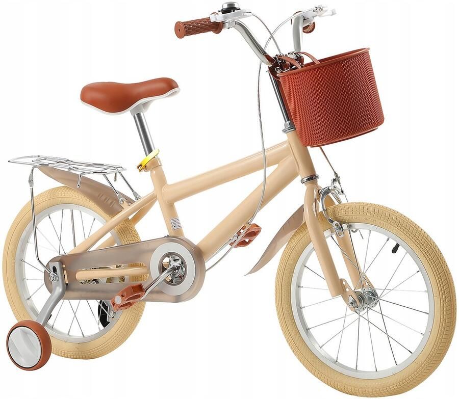 No 16 Inch Vintage Kinderfiets Beige – Met Zijwieltjes dje Dubbele Rem – Verstelbaar Zadel (58-68 cm) – Stevig Stalen Frame – Geschikt voor 5-9 Jaar &