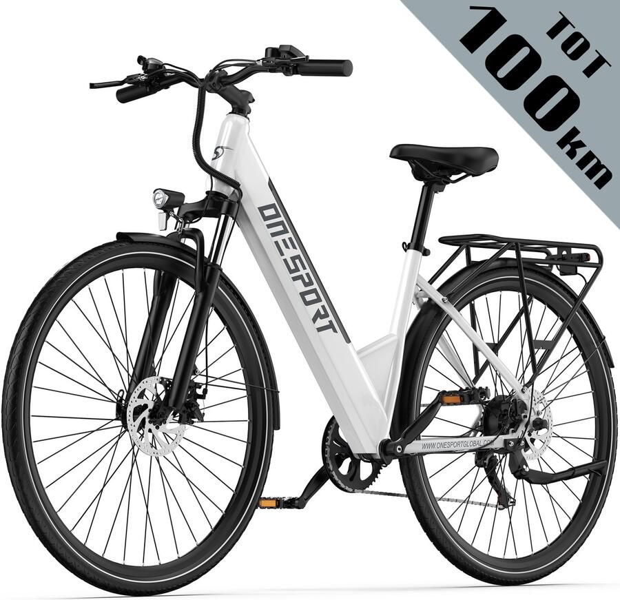 OneSport elektrische fiets 468Wh 13Ah accu 27 5 inch banden 80–100 km actieradius Shi o 7 versnellingen voor- en achter schijfrem hoogsterk frame elektrische stadsfiets – Wit