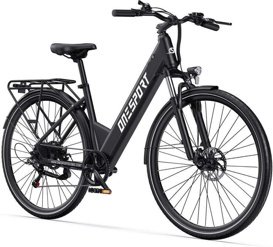 OneSport elektrische fiets 468Wh 13Ah accu 27 5 inch banden 80–100 km actieradius Shi o 7 versnellingen voor- en achter schijfrem hoogsterk frame elektrische stadsfiets donkergrijs