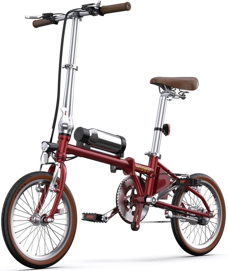 OneSport Elektrische Fiets – Lichtgewicht Opvouwbare E-Bike voor Stad & Pendelen – 36V 5.2Ah Accu 40 km Bereik 16×1.35 Inch Banden Snel Opladen 2 5u – Rood