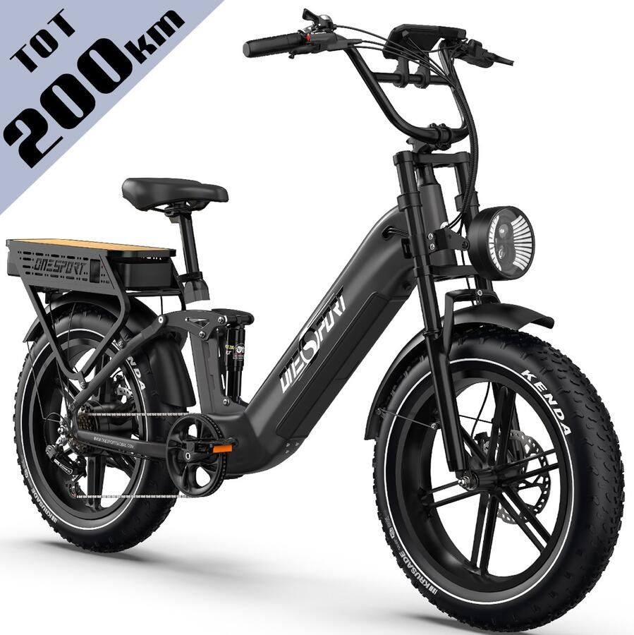 OneSport Elektrische Fiets Max. 200 km Bereik Dual Battery 1728Wh Uitneembare Accu Fatbike 20×4.0” Shi o 7 Speed Hydraulische Schijfrem Allround Stads en Offroadfiets – Zwart