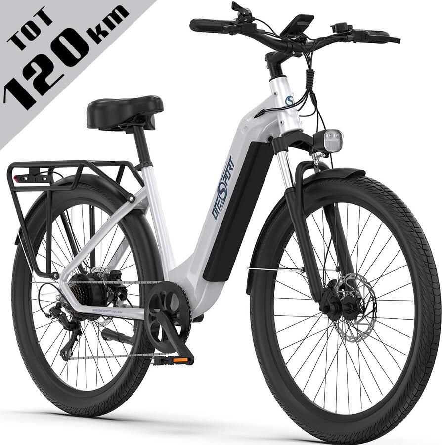 OneSport Elektrische Fiets OT05 120 km Actieradius 36V 18.2Ah 655Wh Accu 27.5 Inch Wielen Shi o 7 Versnellingen Hydraulische Schijfrem Aluminium Frame LED Display & APP Elektrische Stadsfiets -Wit