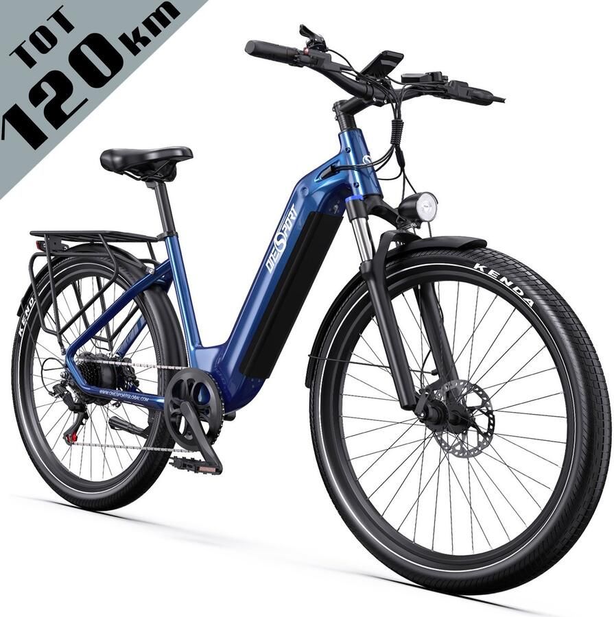 OneSport 【Eindejaarsdeal】Elektrische Fiets OT05 120 km Actieradius 36V 18.2Ah 655Wh Accu 27.5 Inch Wielen Shi o 7 Versnellingen Hydraulische Schijfrem Aluminium Frame LED Display & APP Elektrische Stadsfiets Donkerblauw