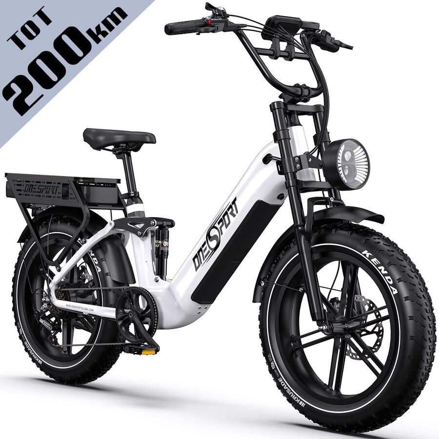 OneSport Elektrische Fiets Max. 200 km Bereik Dual Battery 1728Wh Uitneembare Accu Fatbike 20×4.0” Shi o 7 Speed Hydraulische Schijfrem Allround Stads en Offroadfiets Wit
