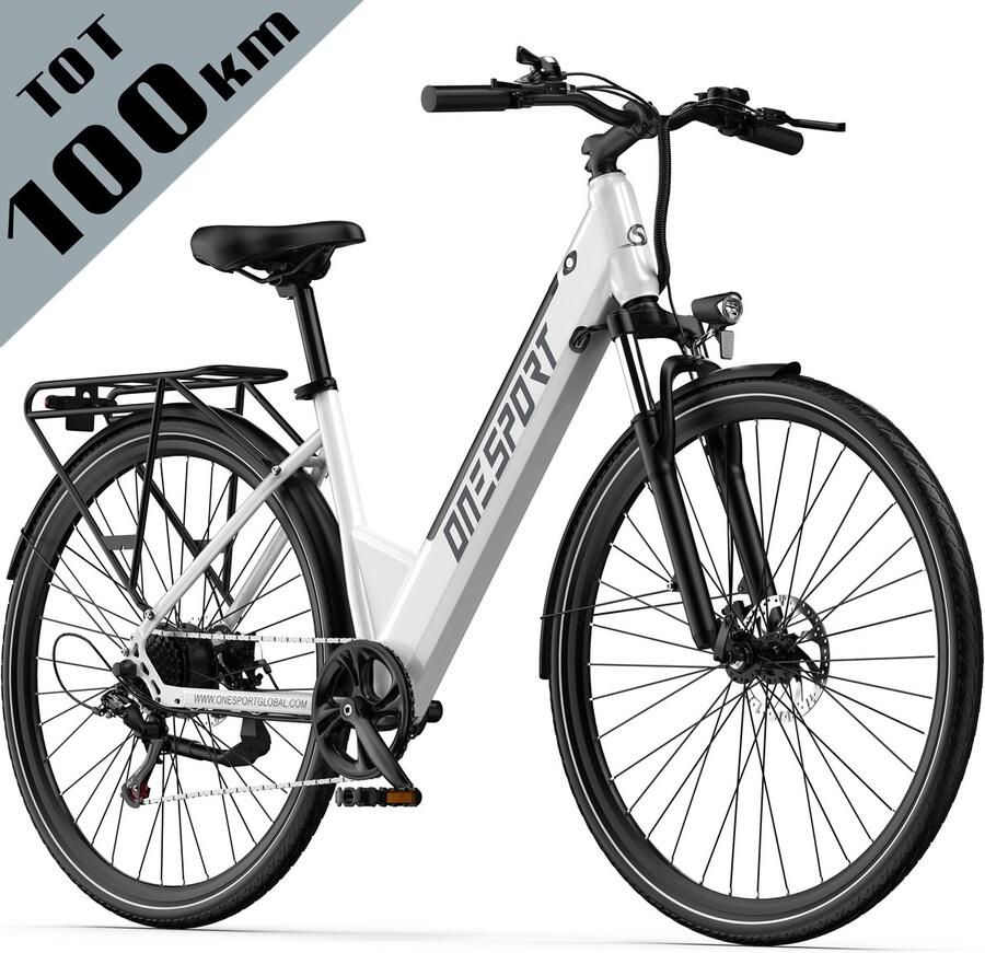 OneSport 【Eindejaarsdeal】Elektrische Fiets OT12 468Wh 13Ah Accu 80 km Actieradius 27.5 Inch Wielen Shi o 7 Versnellingen Mechanische Schijfrem Ijzeren Frame Elektrische Stadsfiets Wit