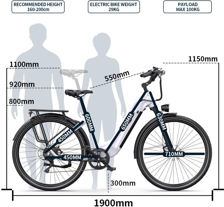 OneSport Elektrische Fiets OT05PRO 810Wh 22.5Ah Accu 140 km Actieradius 28 Inch Wielen Shi o 7 Versnellingen Hydraulische Schijfrem Aluminium Frame LCD Display & APP Elektrische Stadsfiets Wit