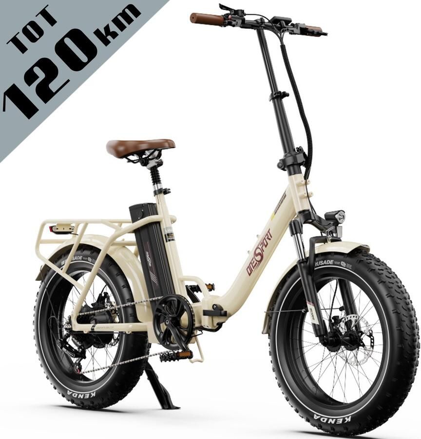 OneSport OT16Max Elektrische Fiets–Opvouwbaar–48V 18Ah Accu–Actieradius tot 120 km–Aluminium Lage Instap–20×4.0 Inch Fatbike –Shi o 7 Versnellingen – Hydraulische Schijfrem – Bluetooth Verbinding – Max. Belasting 120 kg –Stads E-bike – Crèmewit