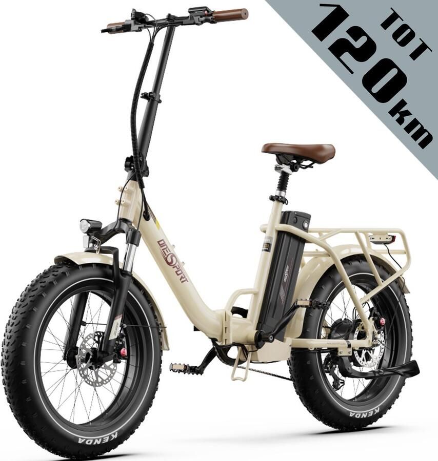 OneSport OT16Max Opvouwbare Elektrische Fiets – 864Wh Accu – Actieradius tot 120 km –20×4.0 Inch Fatbike – Aluminium Lage Instapframe – Shi o 7 Versnellingen – Hydraulische Schijfrem – Max. Belasting 120 kg – Stads E-bike – Crèmewit