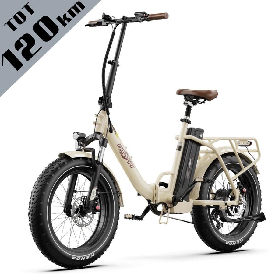 OneSport OT16Max Opvouwbare Elektrische Fiets – 864Wh Accu – Actieradius tot 120 km –20×4.0 Inch Fatbike – Aluminium Lage Instapframe – Shi o 7 Versnellingen – Hydraulische Schijfrem – Max. Belasting 120 kg – Stads E-bike – Crèmewit