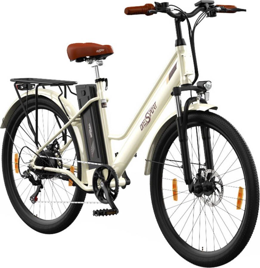 OneSport OT18 Elektrische fiets voor in de stad 26*2.35 inch brede banden 250W motor 25km h 36V 14.4Ah grote accu tot 100km maximaal bereik Shi o 7 versnellingen schokabsorberende voorvork 25 graden klim Bluetooth APP Wit