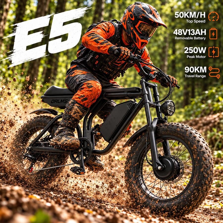 ORLMS Fatbike Elektrische fiets E-bike 20 inch 48V 23Ah accu Hydraulische schijfrem Shi o 7 versnellingen Dubbele vering Zwart