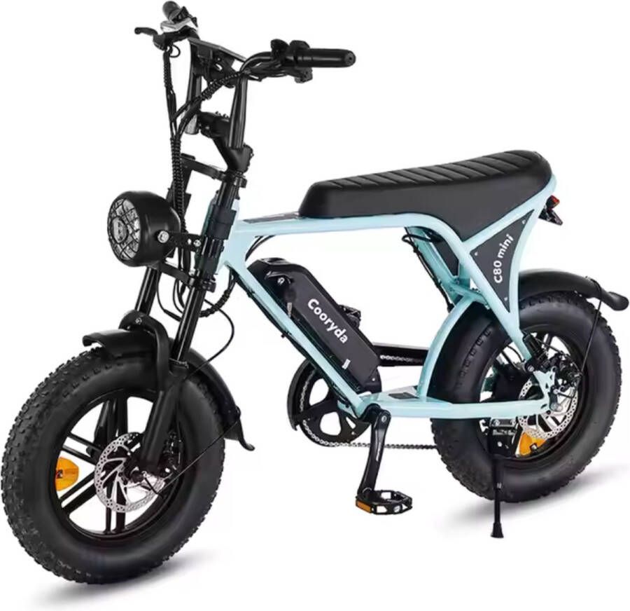 OUXI C80 Mini Elektrische Fatbike Ingebouwd Alarmsysteem Gratis Voetsteuntjes 16 Inch 250W Motor 7 Versnellingen 50 km Actieradius Mechanische Schijfrem Lichtblauw
