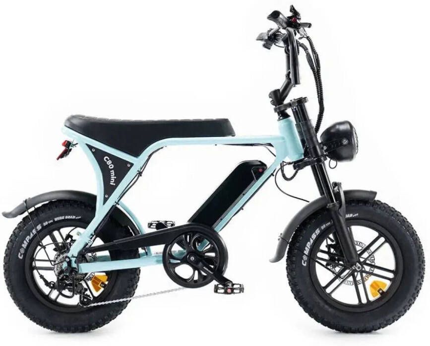 OUXI C80 Mini Elektrische Fatbike Ingebouwd Alarmsysteem Gratis Voetsteuntjes 16 Inch 250W Motor 7 Versnellingen 50 km Actieradius Mechanische Schijfrem Lichtblauw In Doos
